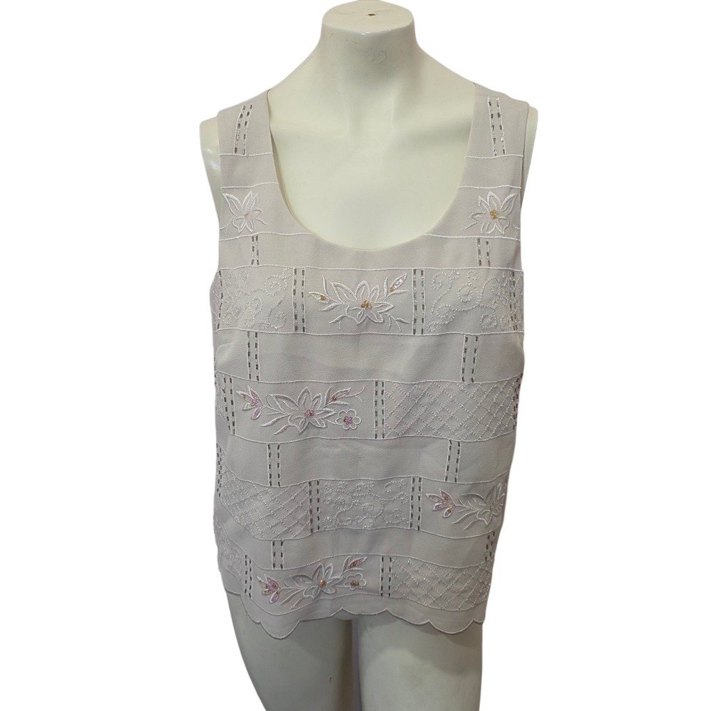 R&M Richards Womens Embroidered Tank Top Beige Floral Beaded Size 16 Dressy
